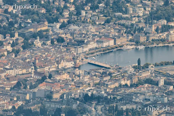 Aerial view of Lucerne's old town with the Reuss river and Chapel Bridge