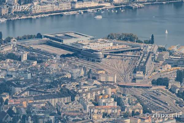 Aerial view of Lucerne train station and the adjacent Lake Lucerne