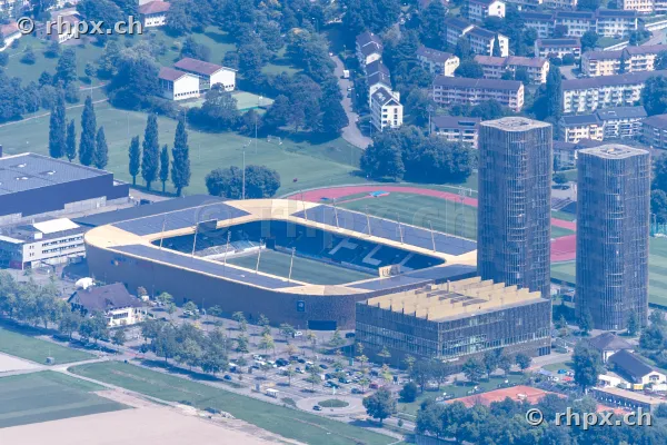 Aerial view of the Swissporarena and the Allmend high-rise buildings in Lucerne