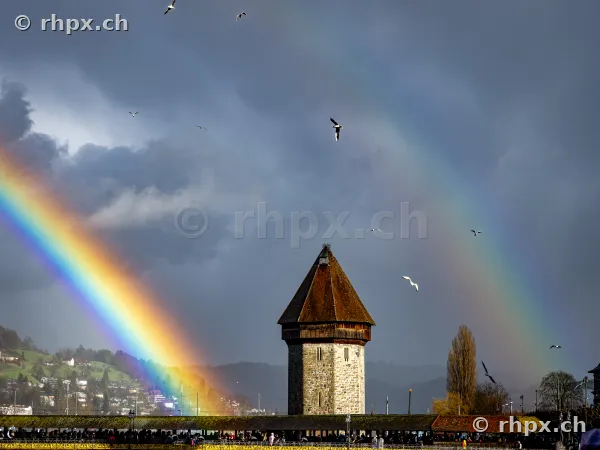 The Water Tower of the Chapel Bridge in Lucerne in front of a stormy sky with a rainbow and flying seagulls.