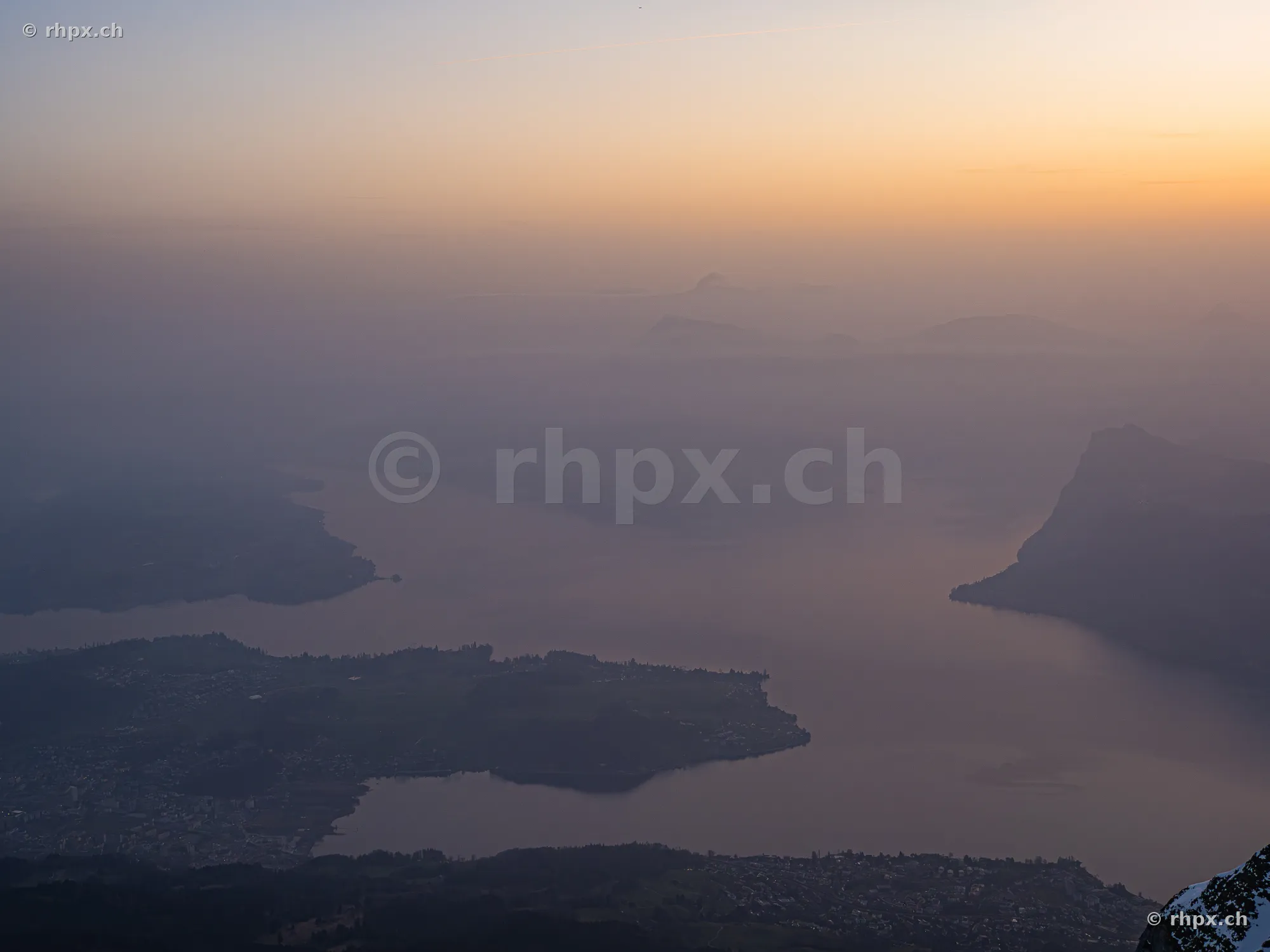 Aerial view from Mount Pilatus over Lake Lucerne in soft light