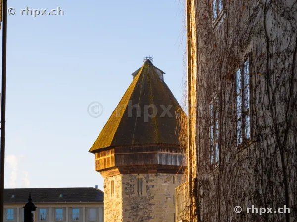 View of the Water Tower of the Chapel Bridge Lucerne from the Sepp-Eblinger-Gässli