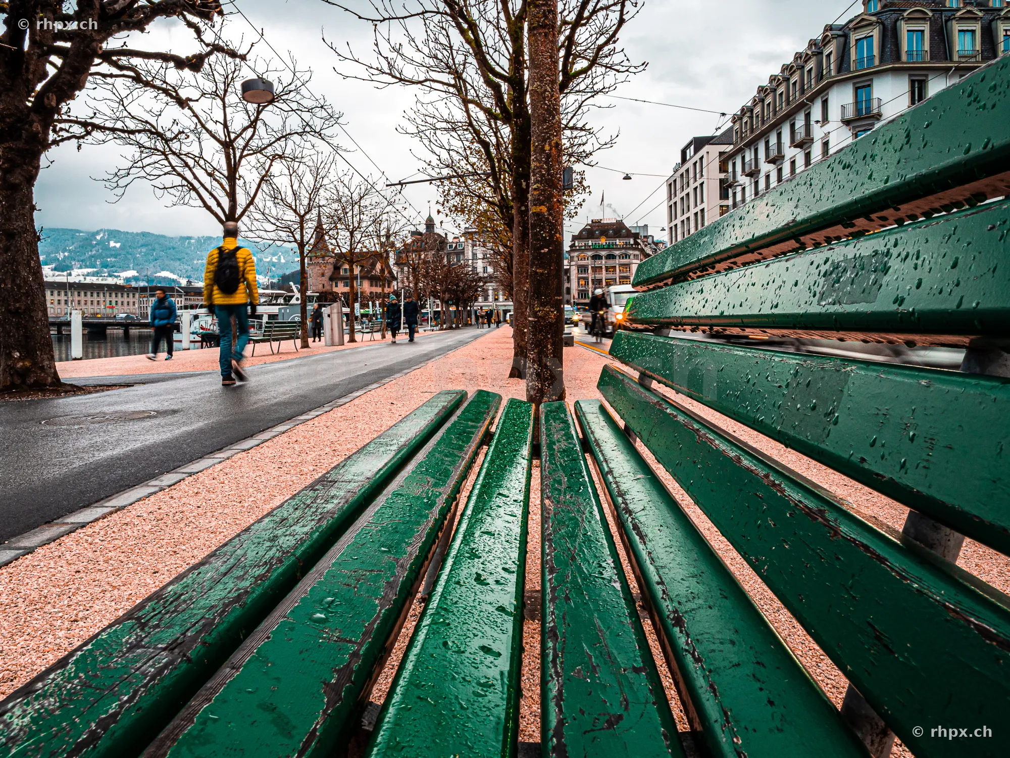 Grüne Parkbank im Vordergrund auf der Uferpromenade in Luzern bei regnerischem Wetter