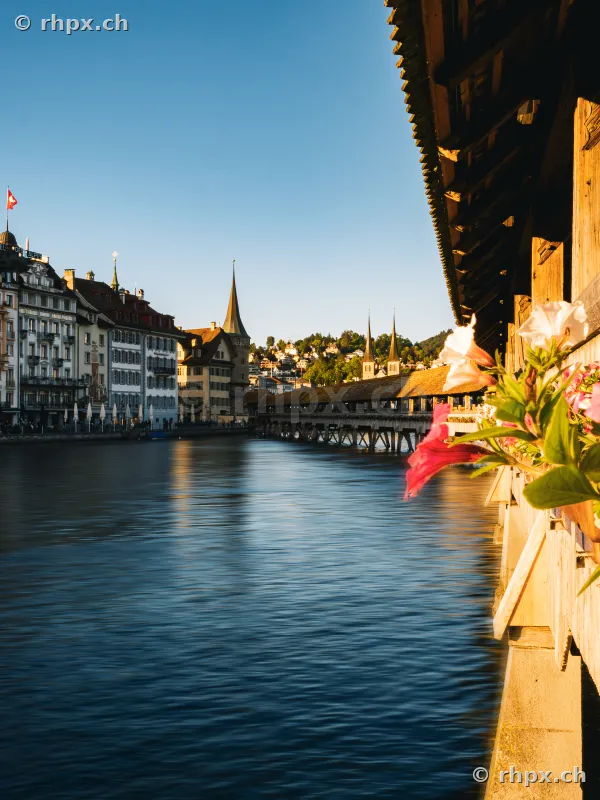View from the Chapel Bridge in Lucerne overlooking the Reuss River with historic buildings in the background