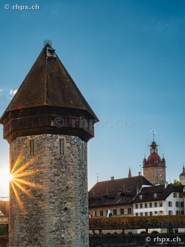 Wasserturm of the Chapel Bridge in Lucerne at sunset