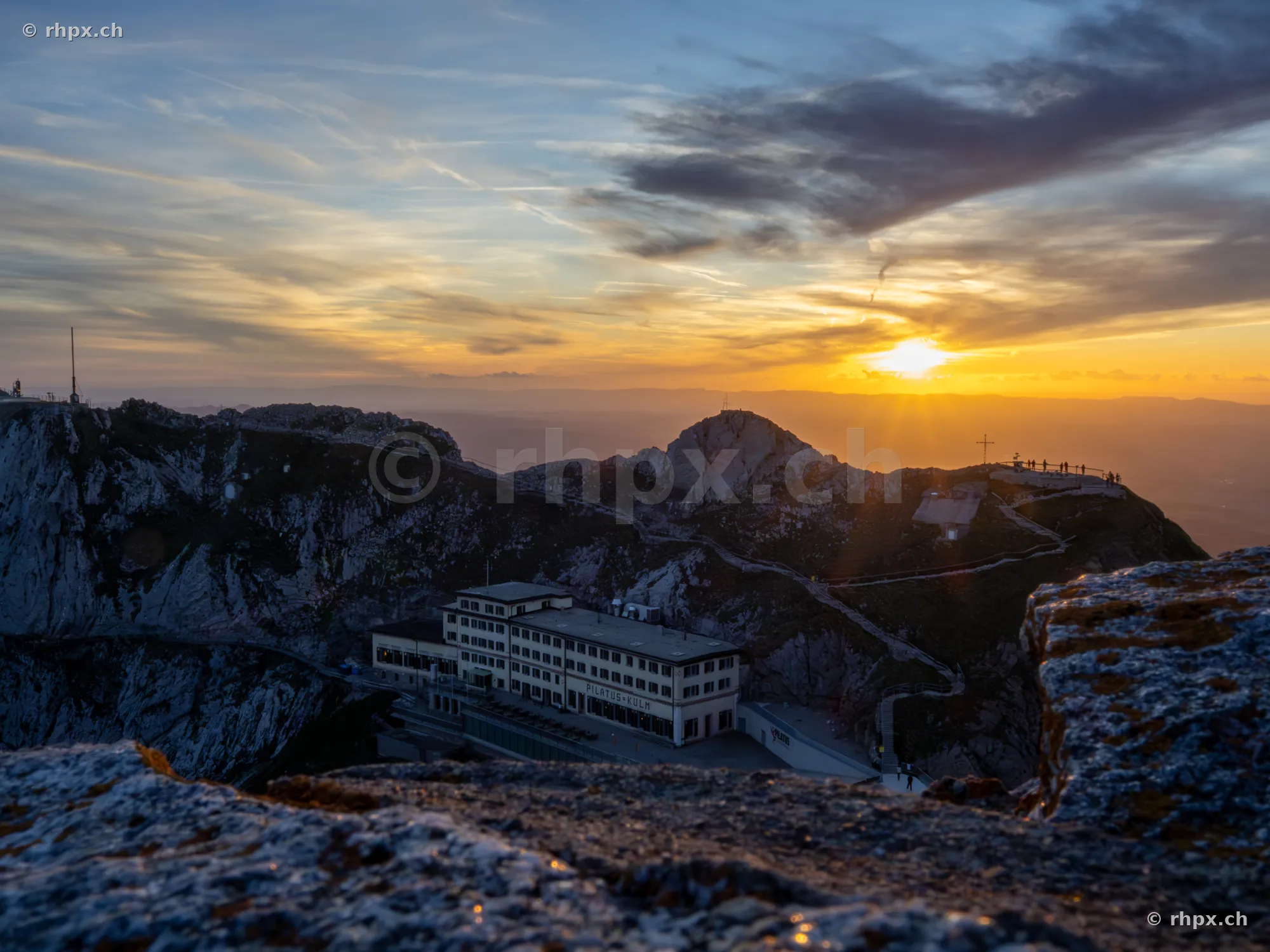 View of the Hotel Pilatus-Kulm at sunset