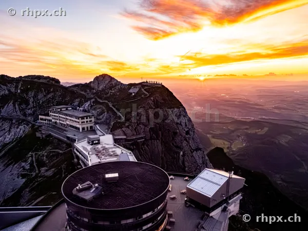 View of Hotel Pilatus-Kulm and the summit ridge at sunset