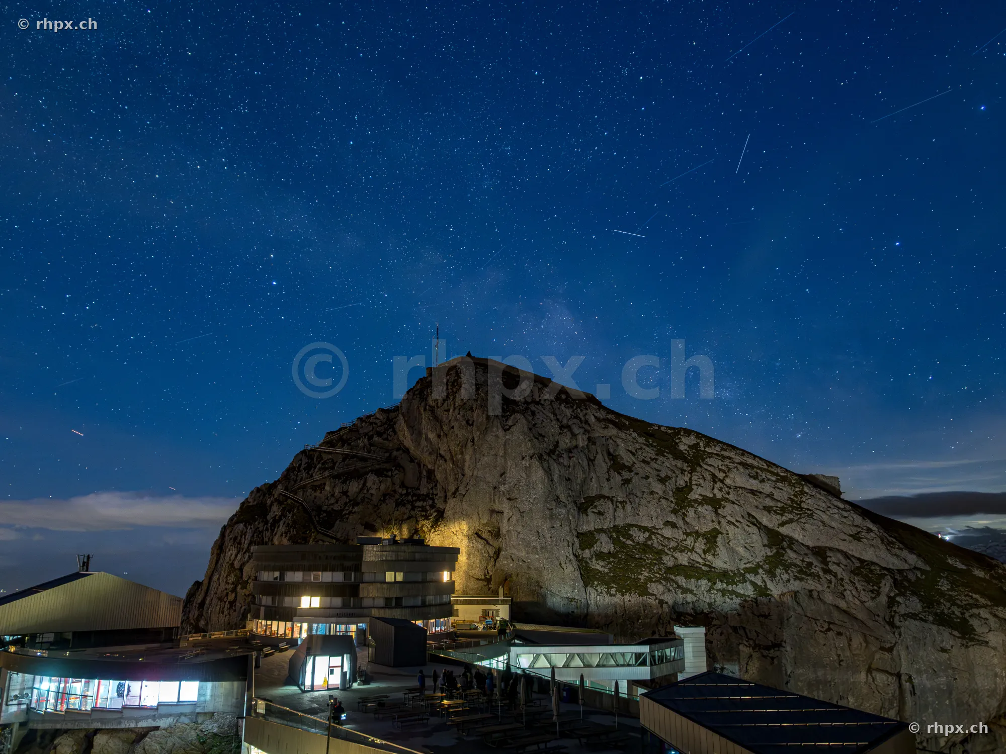 View of the Pilatus summit at night with starry sky
