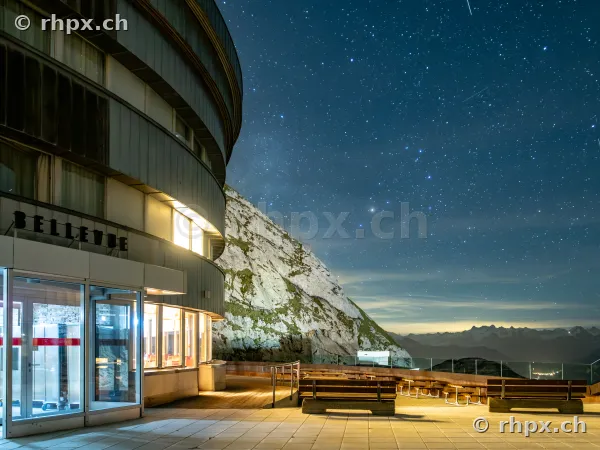 Hotel Bellevue on Mount Pilatus at night with starry sky