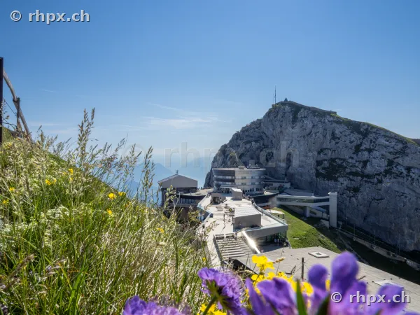 Mountain station and Hotel Pilatus Kulm in front of a steep cliff with meadow in the foreground