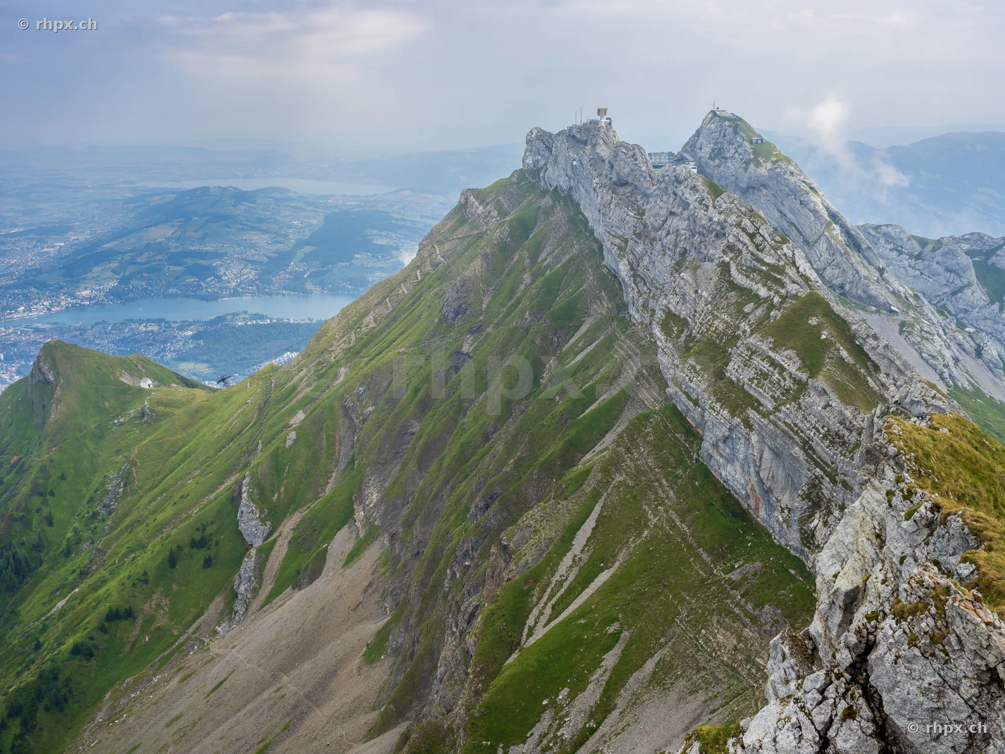 Aerial view of the Pilatus summit area overlooking Lake Lucerne