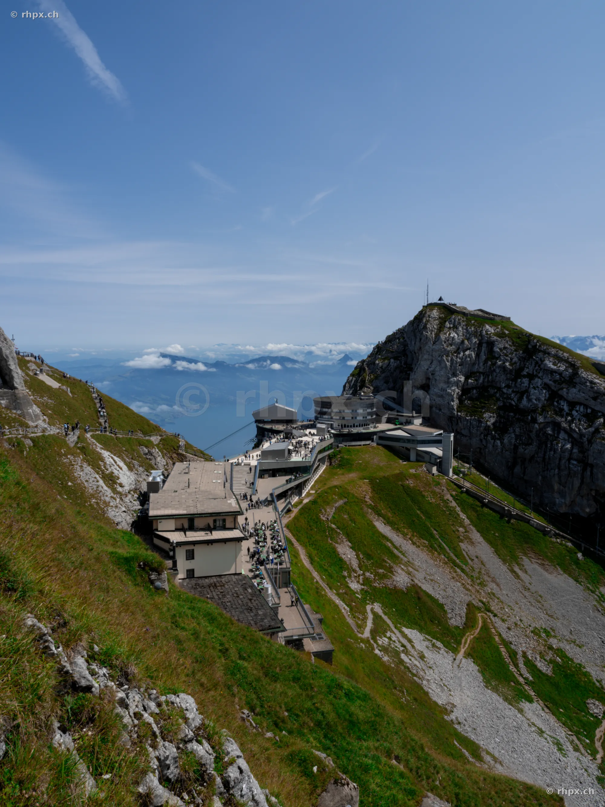 View of the hotel and mountain station facilities on Mount Pilatus in daylight