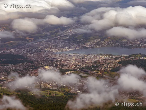 Aerial view of Lucerne city and Lake Lucerne under a cloudy sky