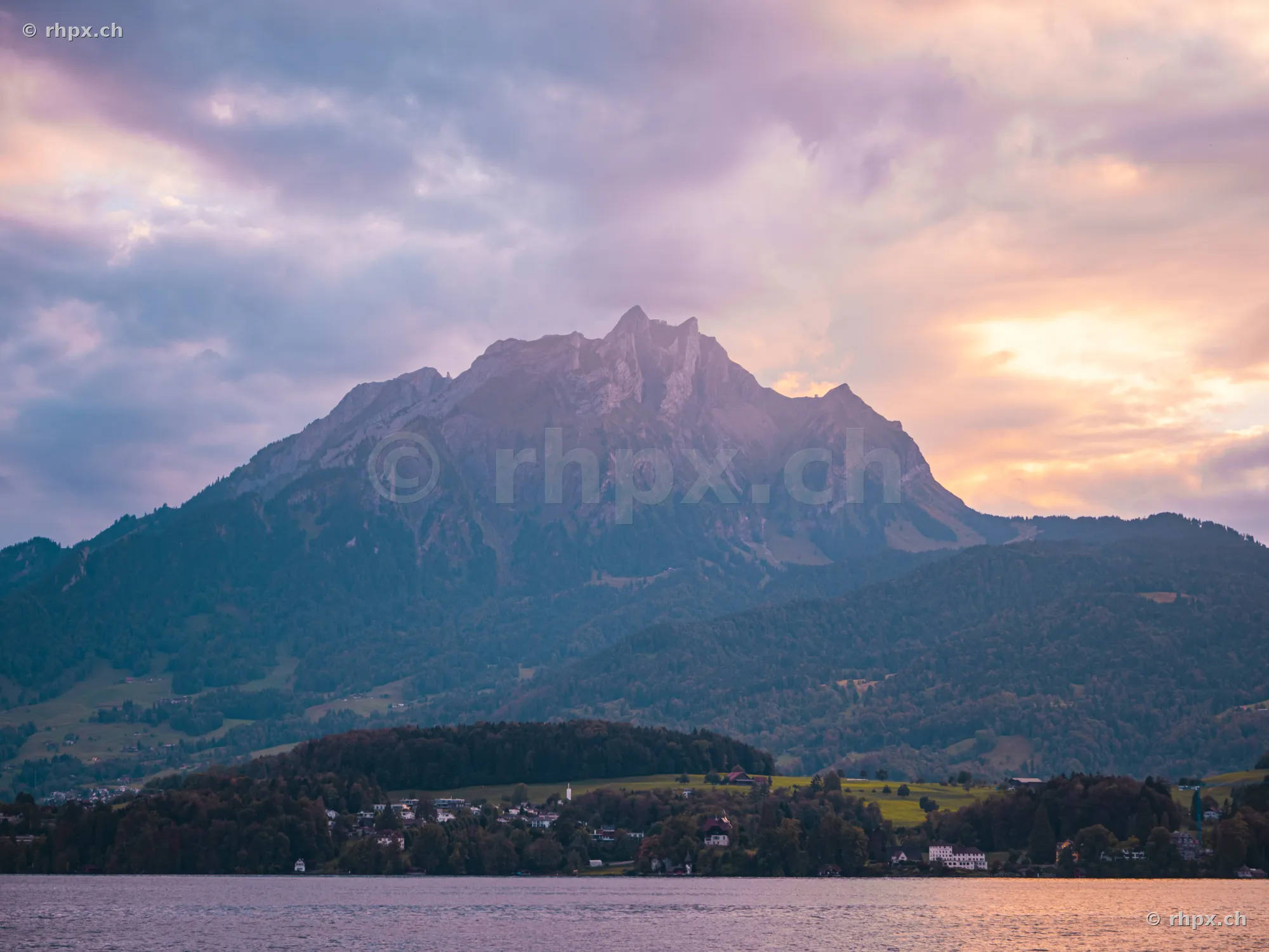 Mount Pilatus above Lake Lucerne during sunset