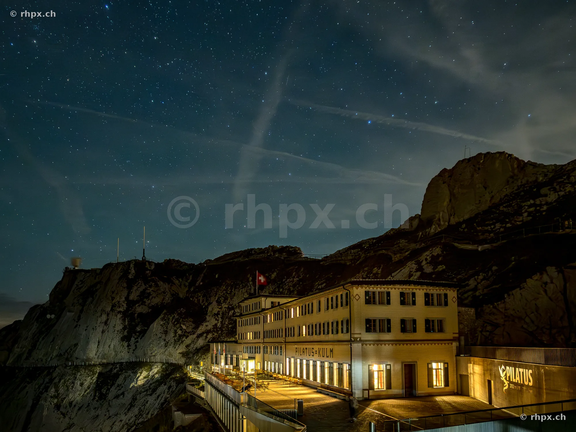 Hotel Pilatus Kulm at night under a starry sky in Central Switzerland