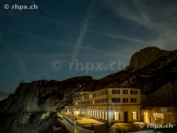 Hotel Pilatus Kulm at night under a starry sky in Central Switzerland