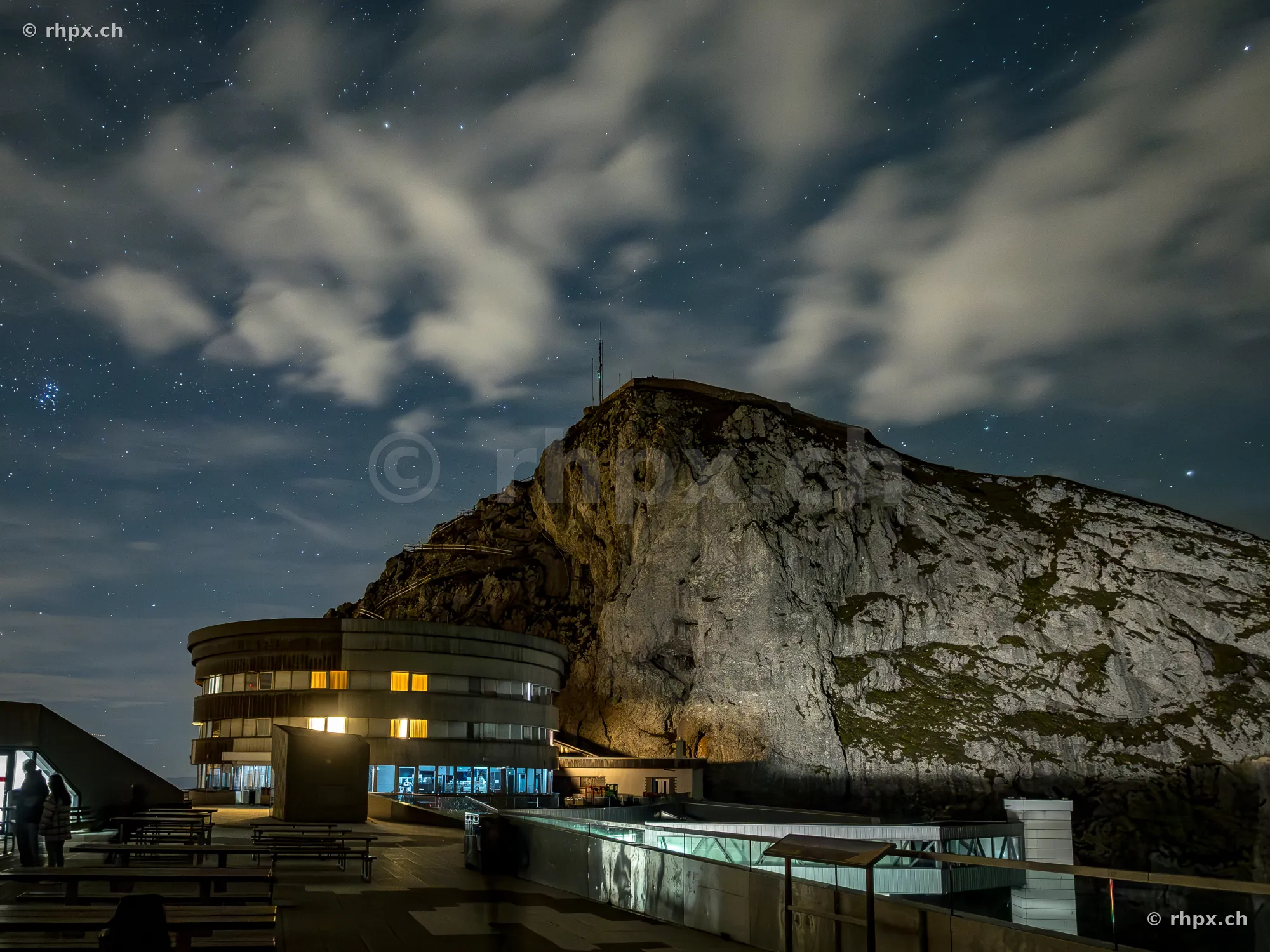 Hotel Bellevue on Mount Pilatus with rocky background at night