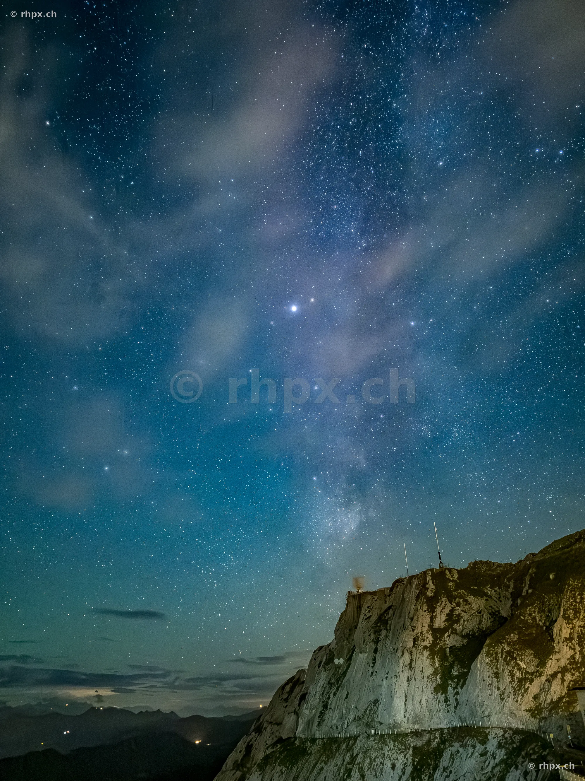 Night landscape with starry sky and Milky Way over Mount Pilatus in Central Switzerland.
