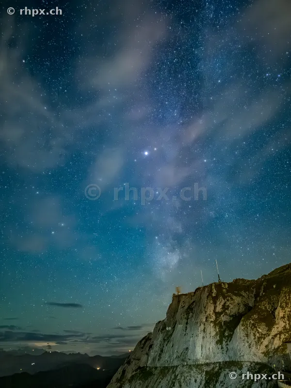 Night landscape with starry sky and Milky Way over Mount Pilatus in Central Switzerland.