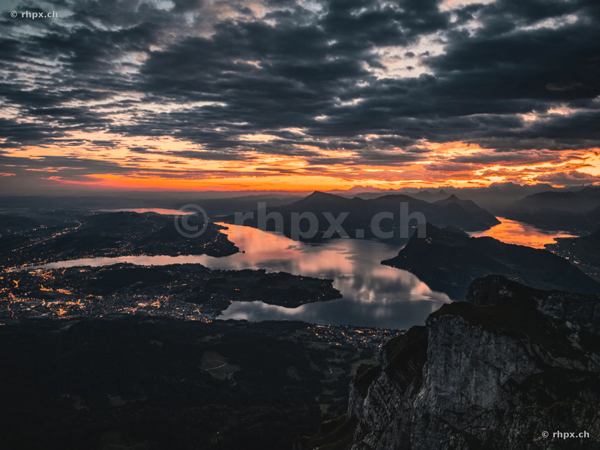 View from Mount Pilatus over Lake Lucerne at sunset