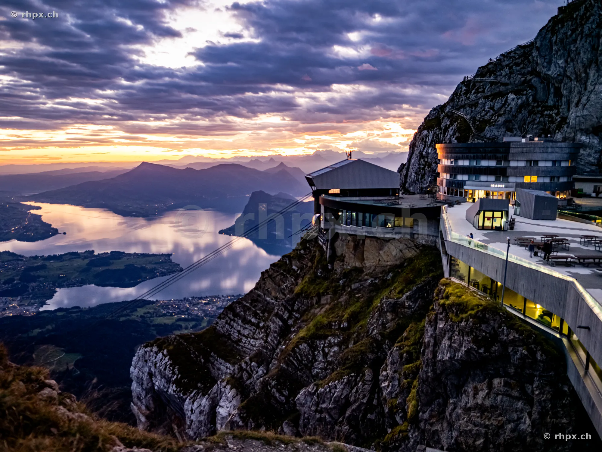 View from the Pilatus Kulm facilities over Lake Lucerne at sunset