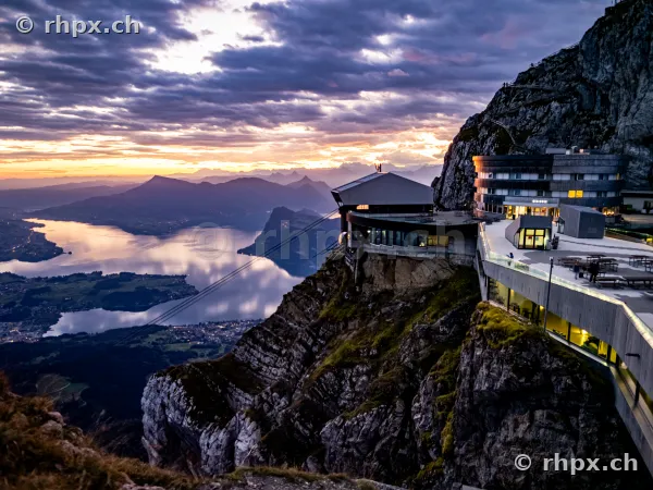 View from the Pilatus Kulm facilities over Lake Lucerne at sunset