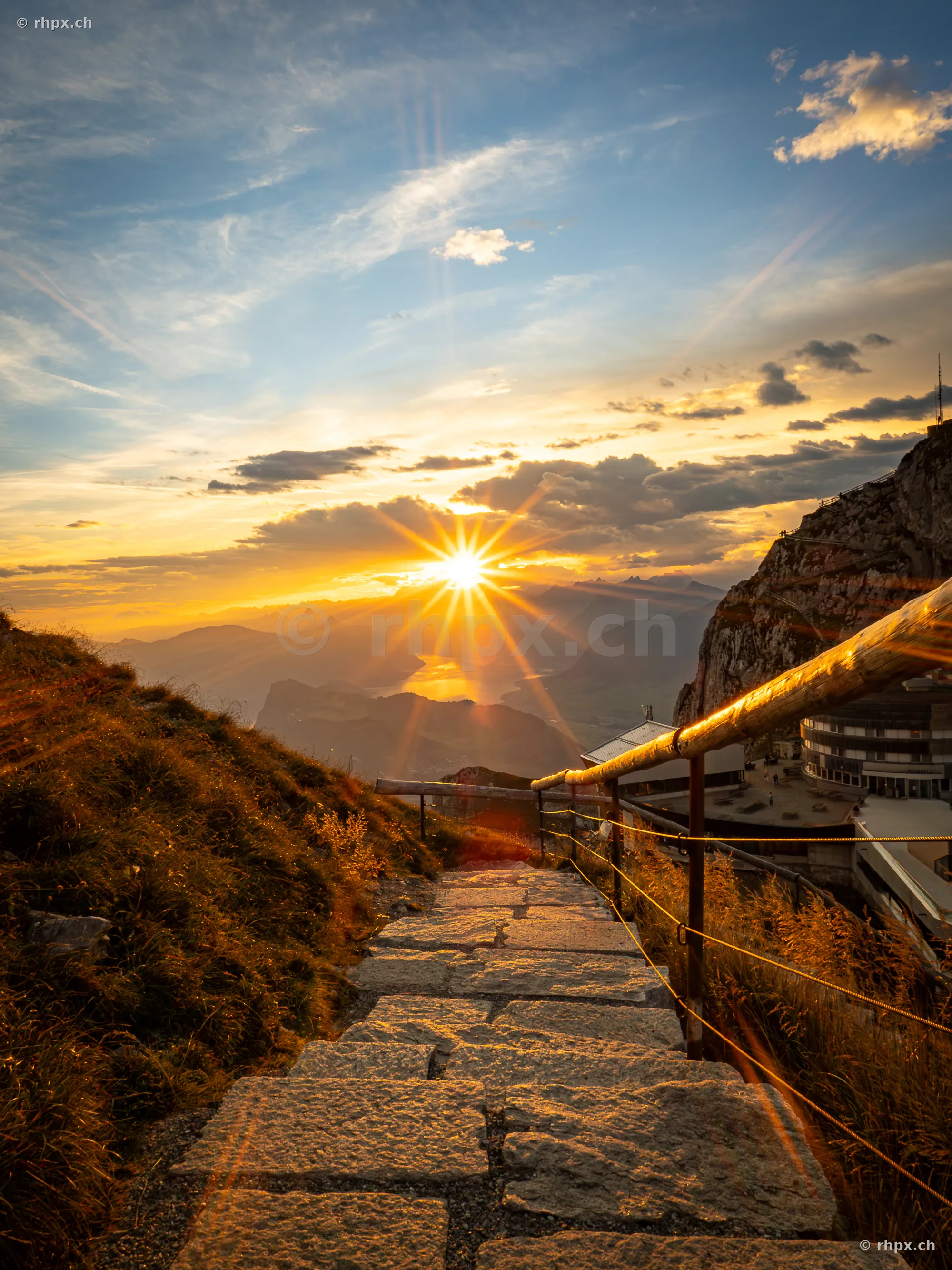 Stone stairs on Mount Pilatus in golden evening light