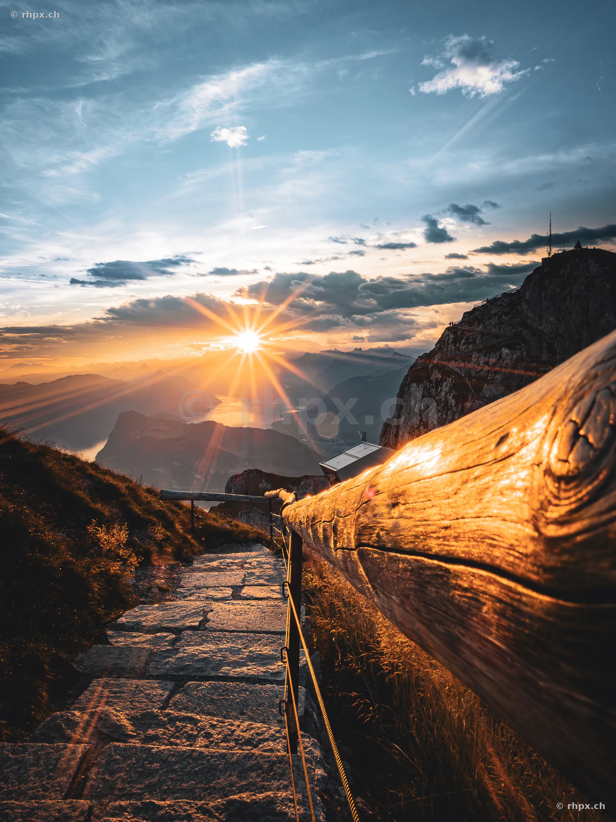 Hiking trail on Mount Pilatus in the golden evening light