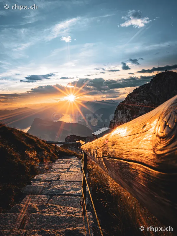 Hiking trail on Mount Pilatus in the golden evening light