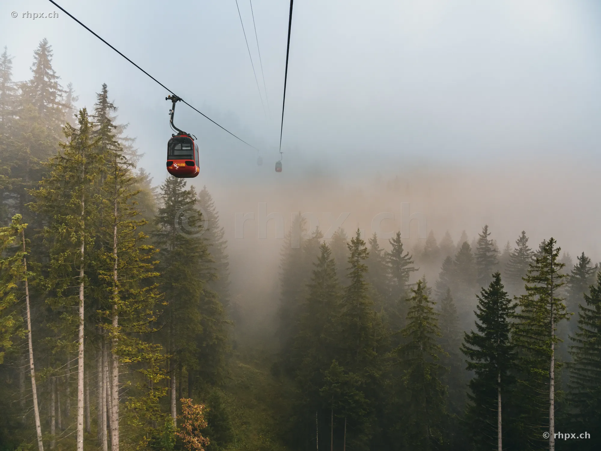 Red cable car of the Pilatus aerial tramway floats over a foggy forest