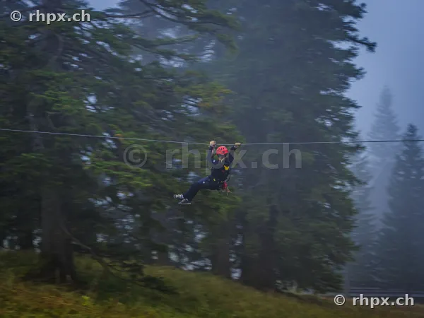 Person in safety gear on a zipline in a foggy forest on Mount Pilatus