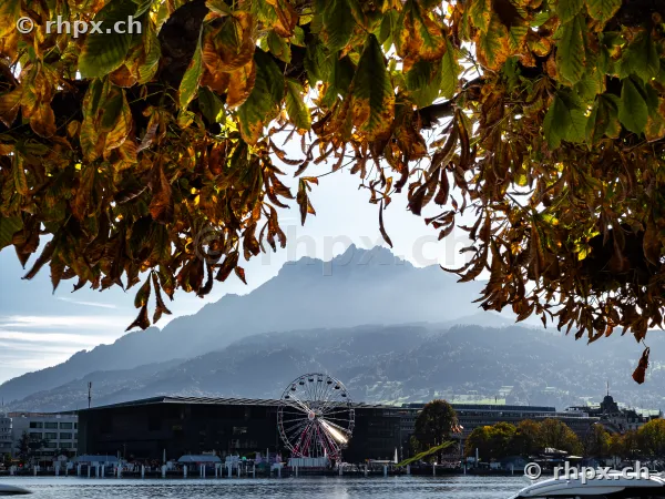 View of the Ferris wheel at KKL Lucerne with Mount Pilatus in the background, framed by autumn chestnut leaves.