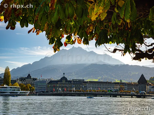 View across Lake Lucerne towards the city of Lucerne and Mount Pilatus in the background