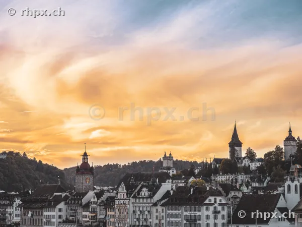 View of the old town of Lucerne during golden evening light