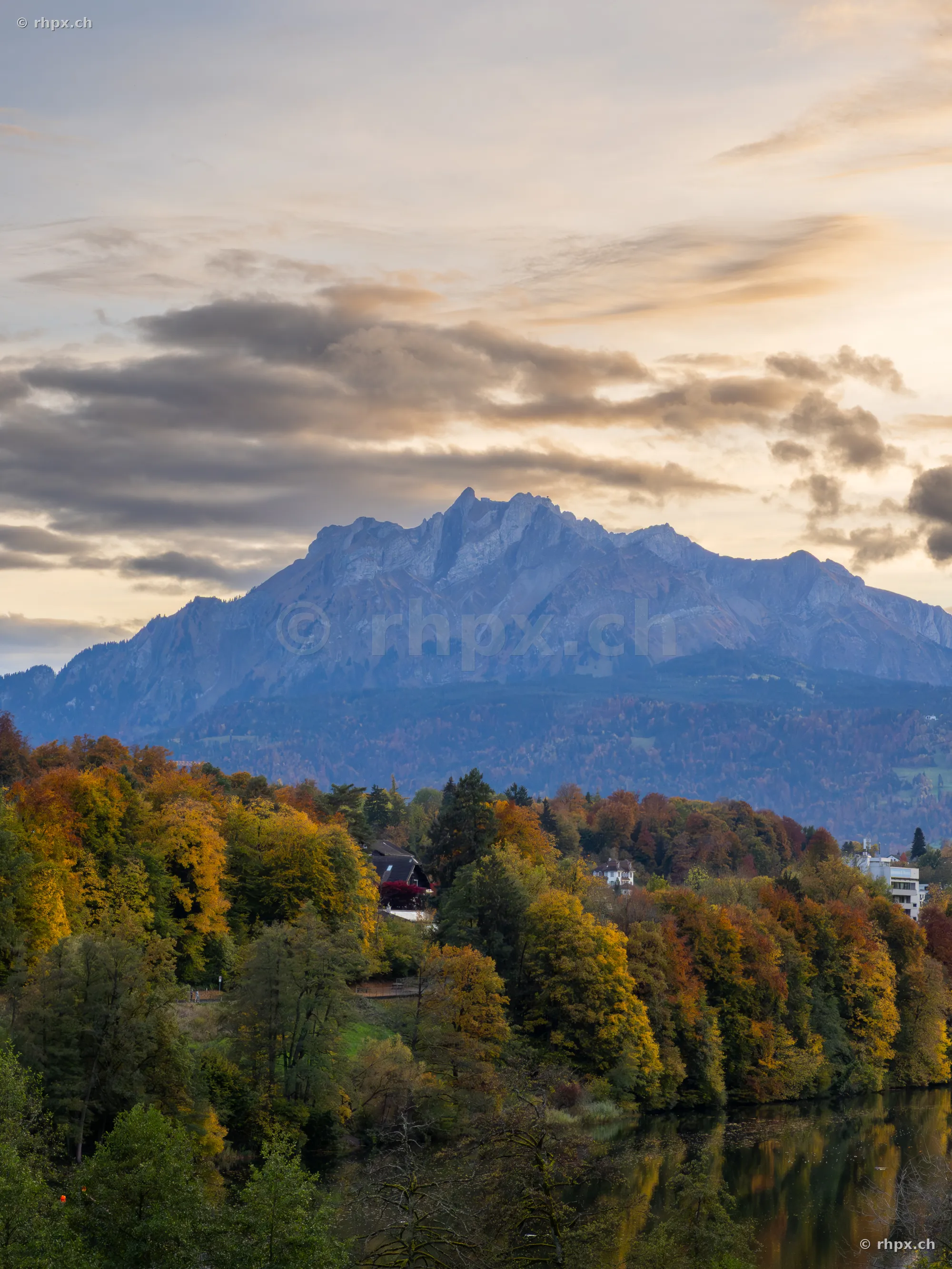 Autumn forest with Mount Pilatus in the background under a cloudy evening sky