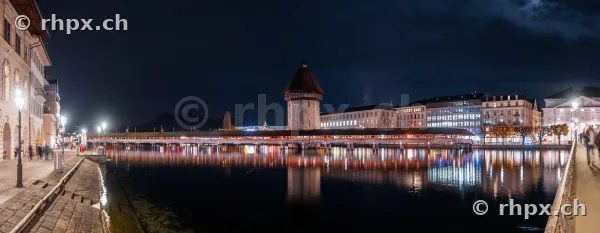 Panorama of the Chapel Bridge and Water Tower in Lucerne at night