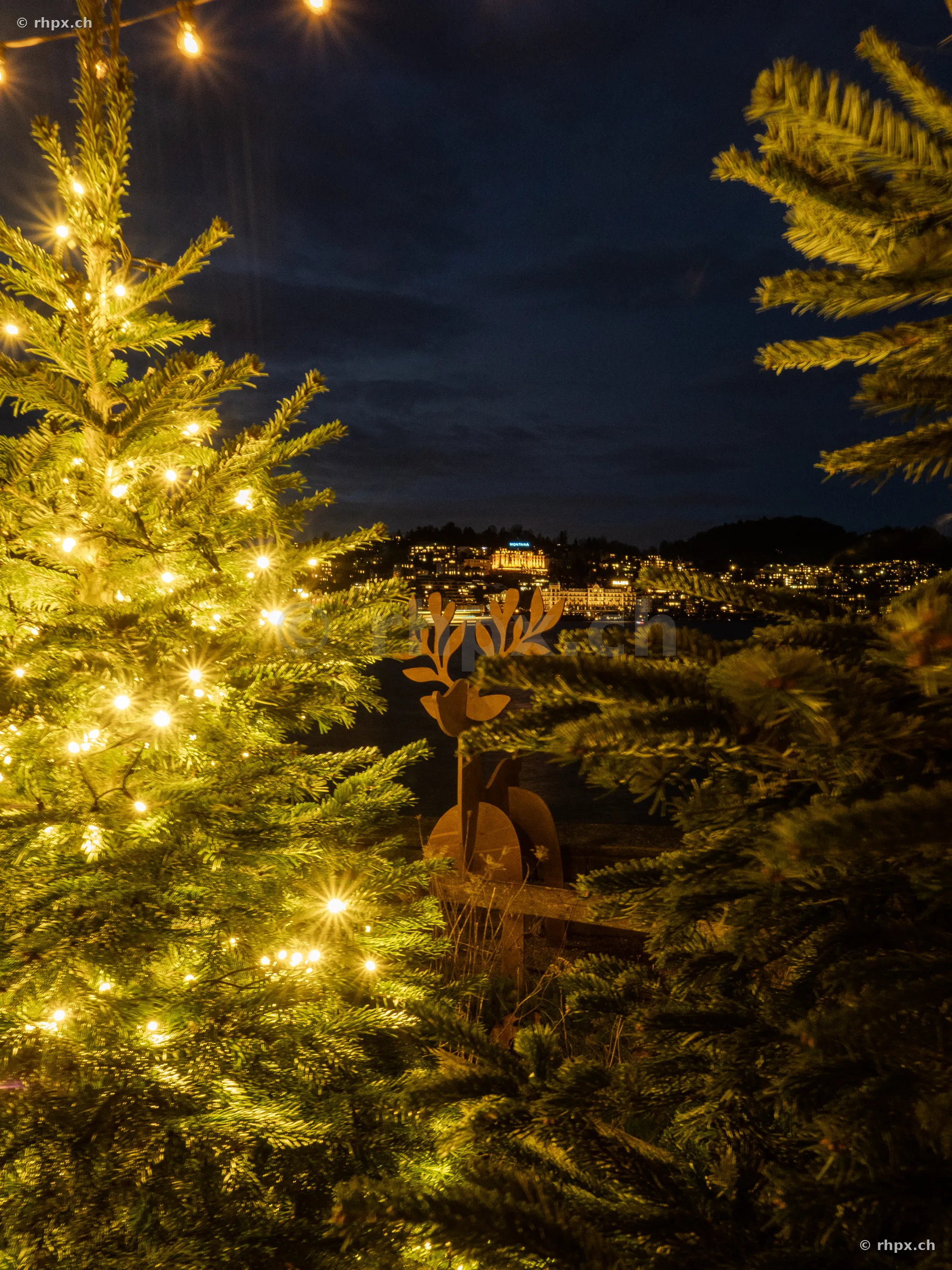 Illuminated Christmas tree and reindeer figure overlooking Lucerne at night