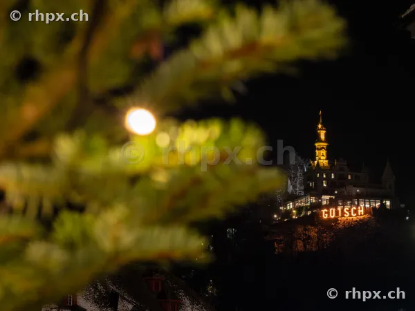 Night view of the illuminated Hotel Château Gütsch in Lucerne behind pine branches