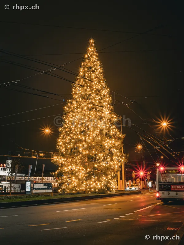Illuminated Christmas tree in front of Lucerne train station at night with a bus passing by