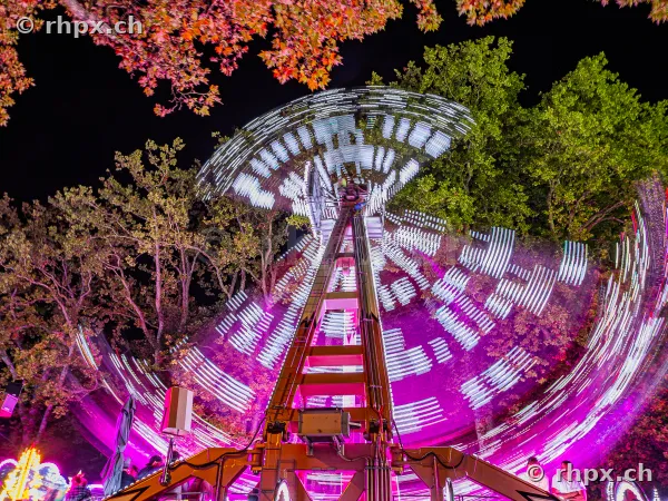 Fairground ride with light trails at night at the Lucerne autumn fair
