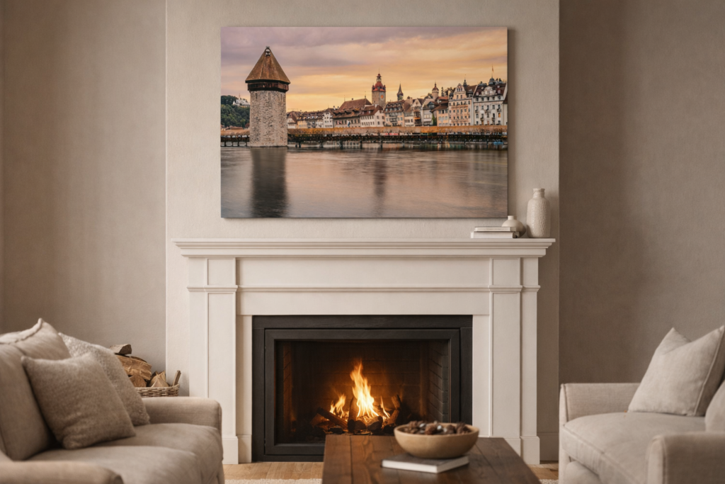 Kapellbrücke Luzern bei Gegenlicht, goldene Stunde – Leinwand Wandbild | rhpx.ch